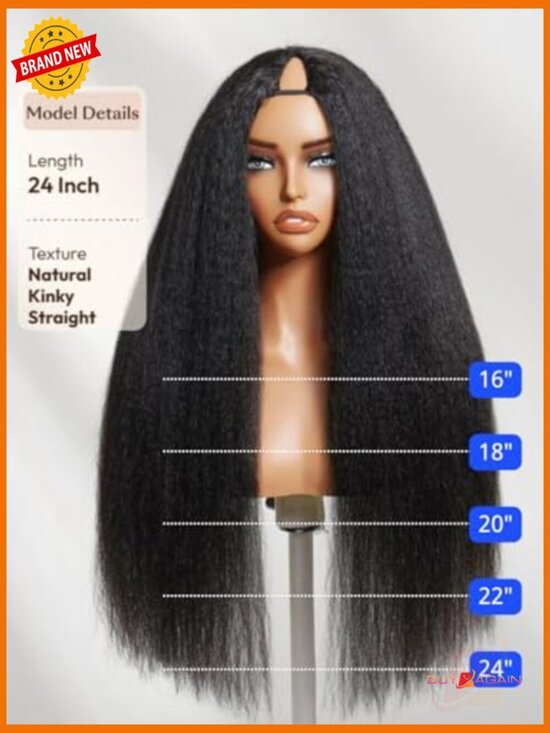 Kinky Straight V Part Wig Human Hair Glueless Drawstring 150% Density 16inch main image 5